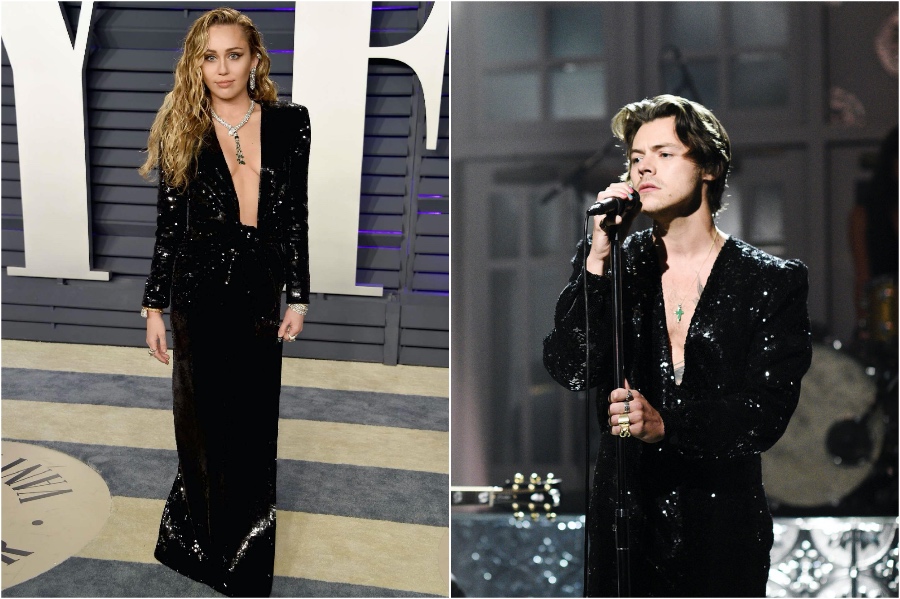 Miley Cyrus y Harry Styles en Saint Laurent  Celebridades masculinas y femeninas que usaron el mismo atuendo |  Zestradar