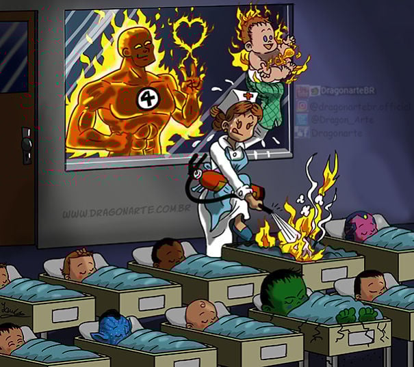 La Antorcha Humana |:  ¿Y si los superhéroes de Marvel y DC tuvieran hijos?  bayas de cerebro
